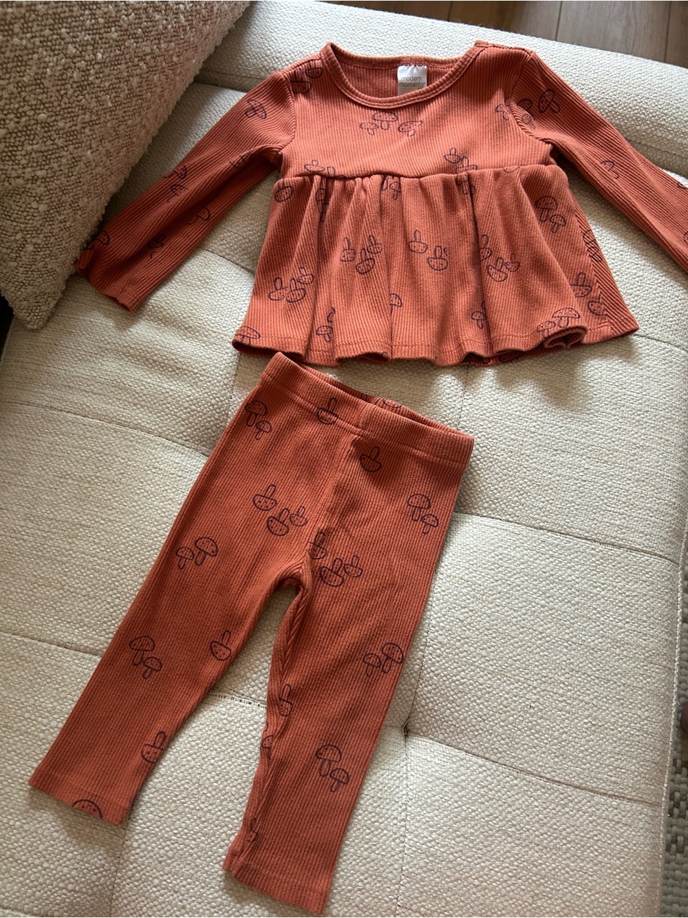 Modern Moments Rust Orange Ribbed Baby Set with Mushroom Motif